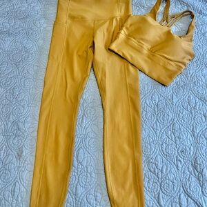 High-Waist Ribbed Leggings & Strappy Sports Bra Set - Mustard